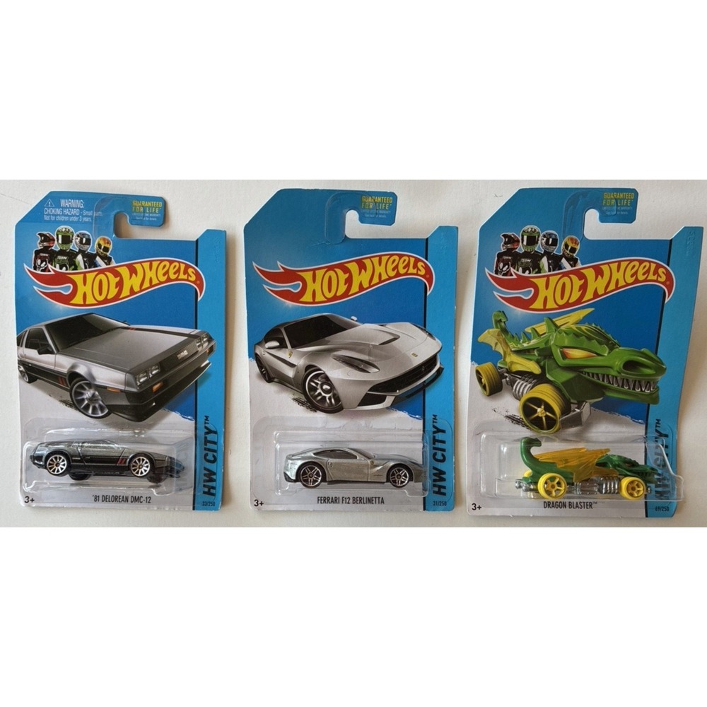 Set of 3 Hot Wheels HW City Ferrari F12 Berlinetta DeLorean Dragon Blaster (18G)